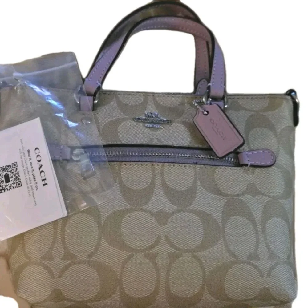 Coach Mini Gallery Satchel Crossbody In Signature Canvas 2 way Taupe Lilac NEW - Picture 2 of 16